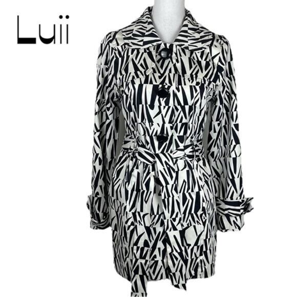 Luii Black And White Animal Print Belted Short Trench Coat Jacket NWT Size M - Picture 2 of 15